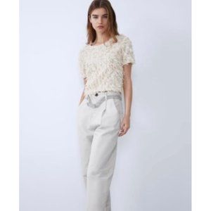 Zara Fringe Textured Cream Shirt Top Small